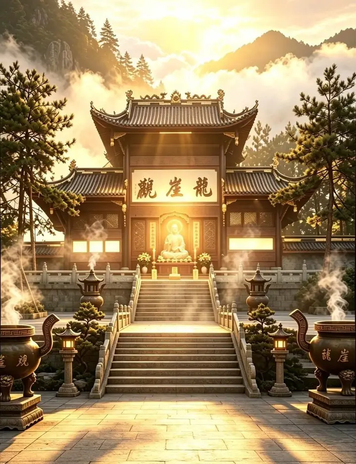 龍崖觀 · 山門 · 遠景石階匾額香爐